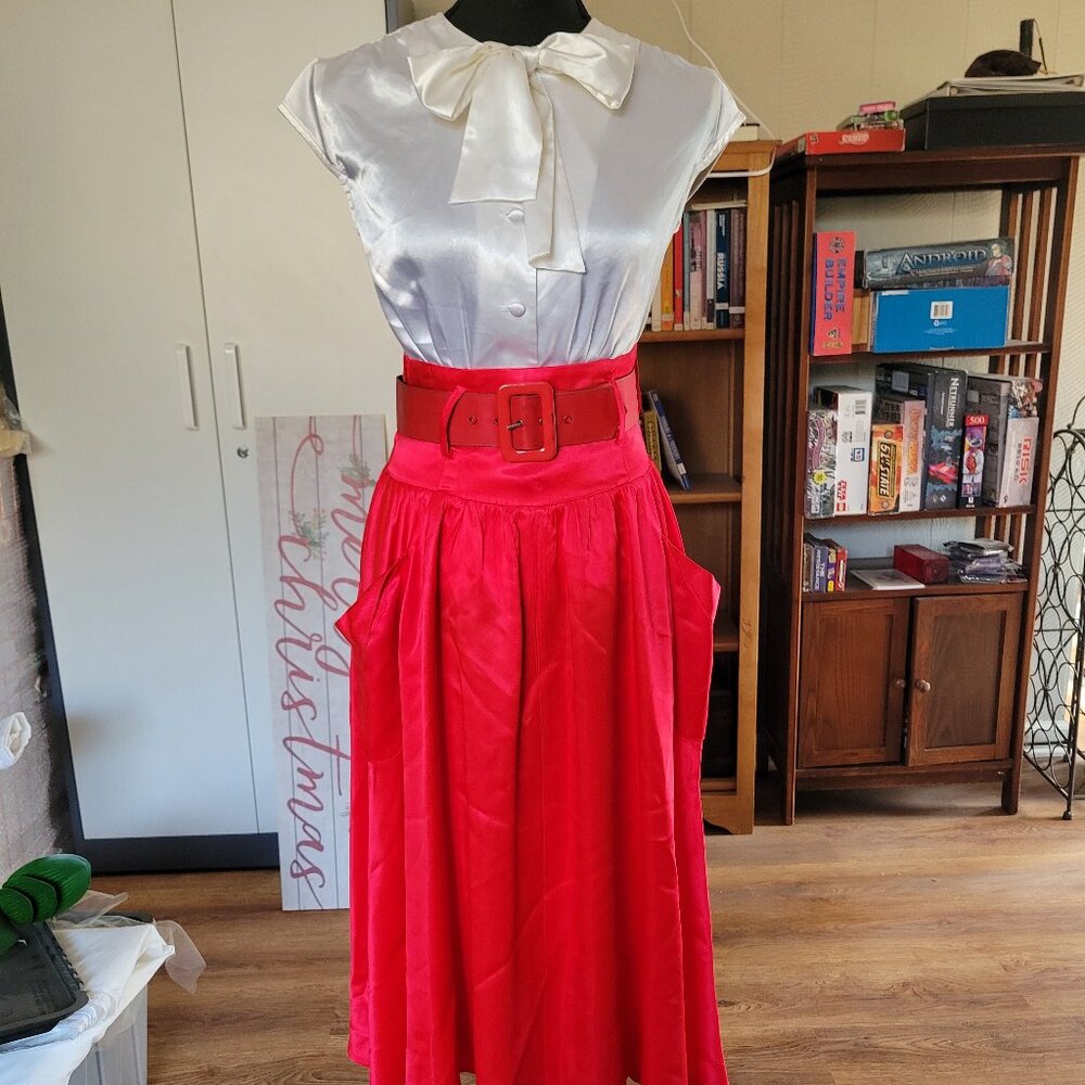 Tarantula Clothing Red Satin Belted Skirt (with POCKETS!)